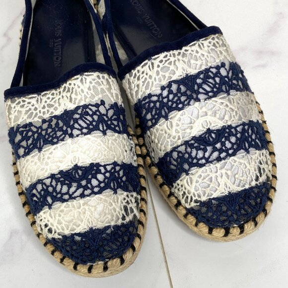 Louis Vuitton Blue & White Striped Crochet Lace Flat SEA BREEZE Espadrilles 36.5 - Picture 4 of 12